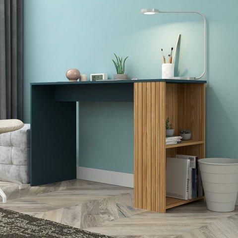 Mesa Escrivaninha 120cm com 2 Prateleiras Laterais e Detalhe em Pintura Ripada Mb 1060 Movelbento