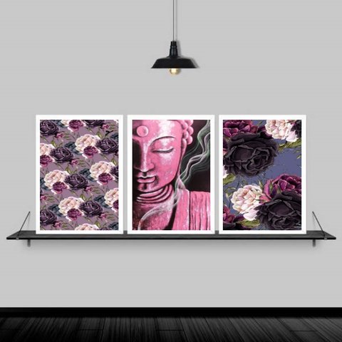 Kit 3 Quadros Buda Rosa Flores 33x24cm:Madeira branca
