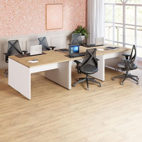 Espaço de Trabalho 6 Lugares 3,30m X 1,40m Pé Painel F5 Cor:macadâmia com Branco