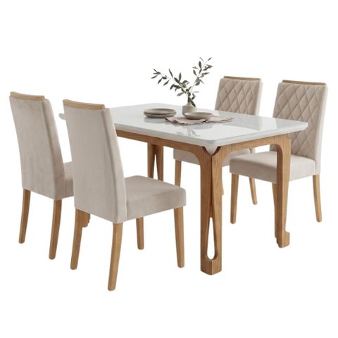 Conjunto Sala de Jantar Mesa 1,20m com Vidro Nadine 4 Cadeiras Bele