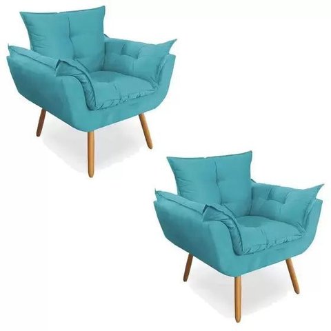 Kit 02 Poltronas Opala Suede Azul Turquesa Pés Palito