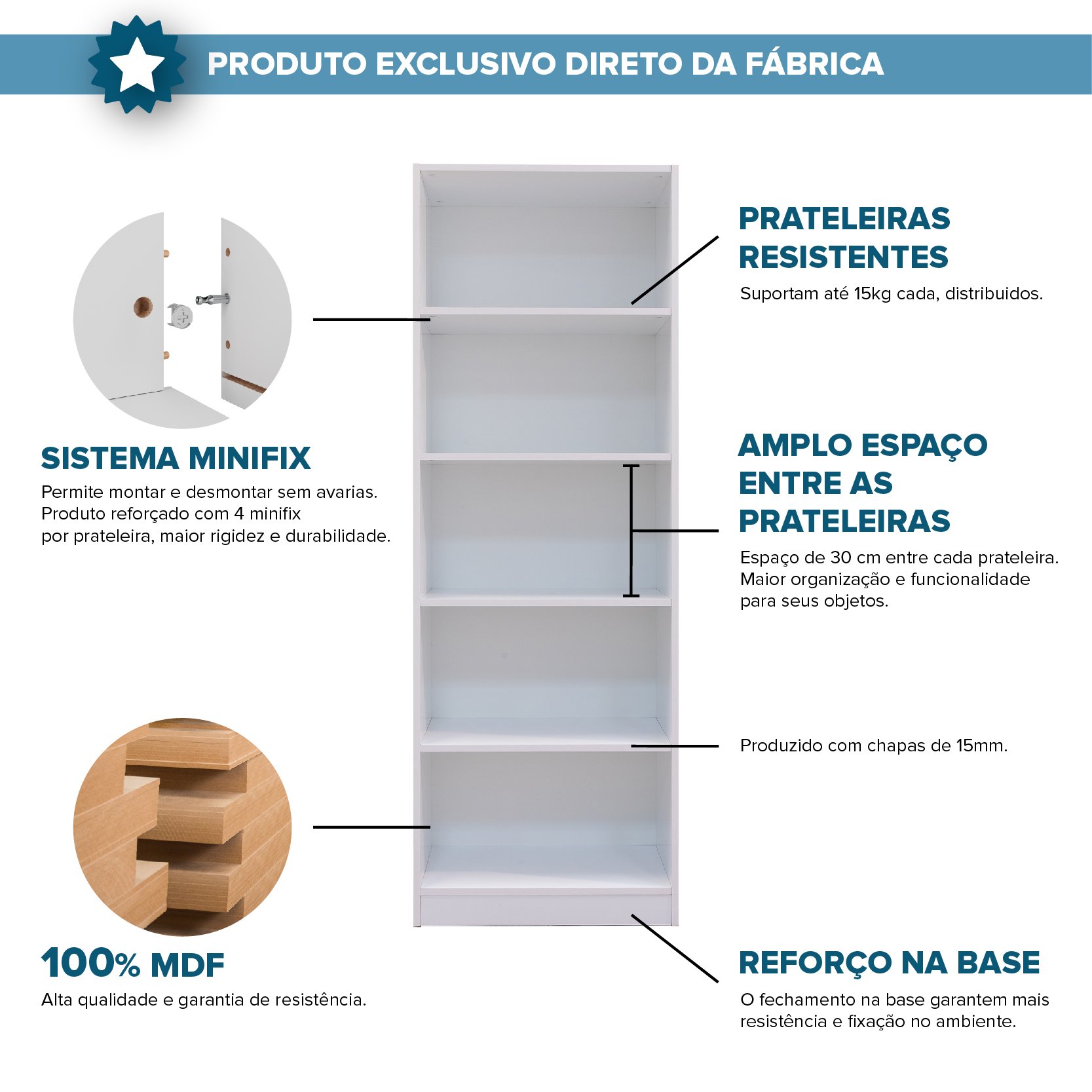 Estante para Livros Grande 164 Cm Àpila 100% Mdf com 5 Nichos Rimo - Branco - 4