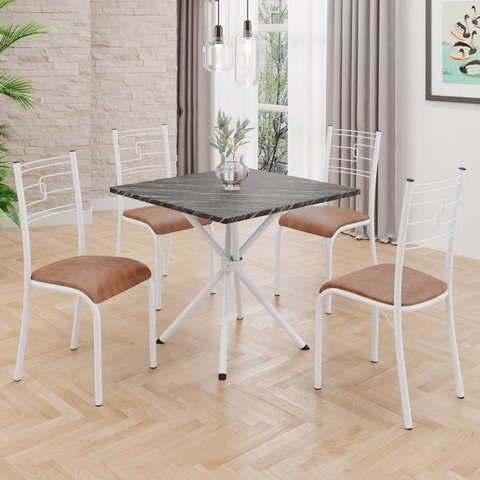 Conjunto Sala de Jantar Mesa Quadrada 75x75cm Tampo Ardósia Indiana 4 Cadeiras Paraty Branco/Courino Marrom
