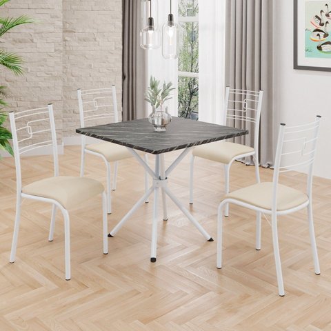 Conjunto Sala de Jantar Mesa Quadrada 75x75cm Tampo Ardósia Indiana 4 Cadeiras Paraty Branco/Creme
