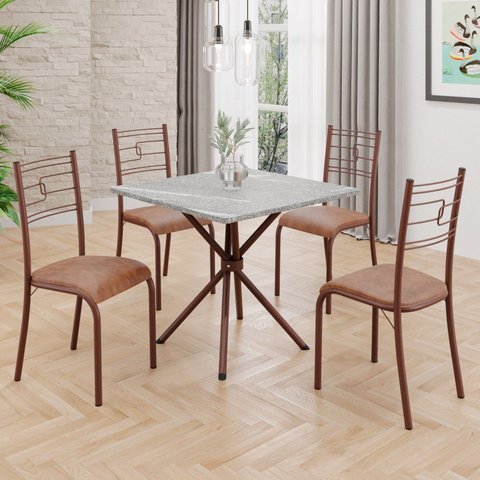 Conjunto Sala de Jantar Mesa Quadrada 70x70cm Tampo Granito Topázio 4 Cadeiras Paraty Marrom/Courino