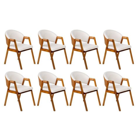 Kit 8 Cadeiras Sala de Jantar Premium com Braço Madeira Maciça Linho Movellu Home