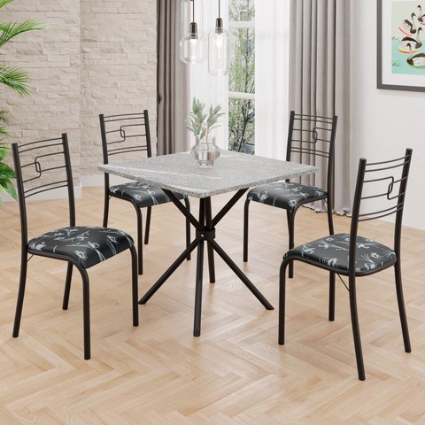 Conjunto Sala de Jantar Mesa Quadrada 70x70cm Tampo Granito Topázio 4 Cadeiras Paraty Preto/Floral/Fosco