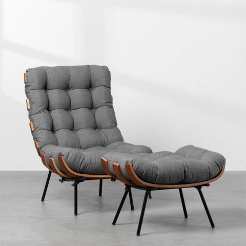 Poltrona Costela Slim Alta com Puff - Trellis Grafite Abra Cadabra