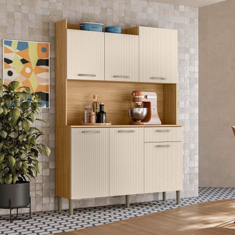 Armário de Cozinha 6 Portas 1 Gaveta Kit Gênova Bege/Freijó/Soft