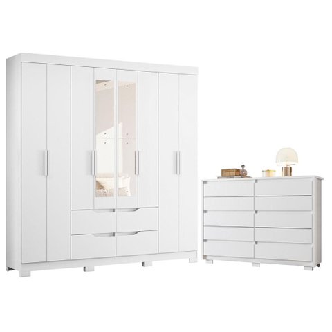 Guarda Roupa Casal Doble 08 Portas com Espelho e Cômoda Duetto Branco - Móveis Albatroz