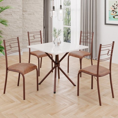 Conjunto Sala de Jantar Mesa Quadrada 70x70cm Tampo MDP Off White 4 Cadeiras Paraty Marrom/Courino