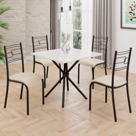 Conjunto Sala de Jantar Mesa Quadrada 70x70cm Tampo MDP Off White 4 Cadeiras Paraty Preto/Creme/Fosco