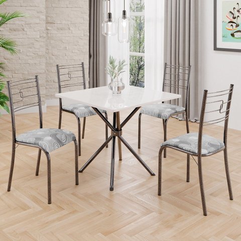 Conjunto Sala de Jantar Mesa Quadrada 70x70cm Tampo MDP Off White 4 Cadeiras Paraty Prata/Paraopeba/Mart