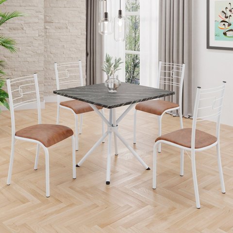 Conjunto Sala de Jantar Mesa Quadrada 75x75cm Tampo MDP Ardósia Indiana 4 Cadeiras Paraty Branco/Courino Marrom