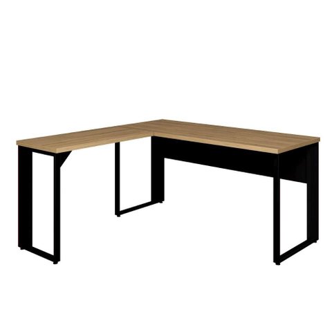 Mesa L Escrivaninha 150cm X 150cm Pés Metal Mac Pr F5 Cor:macadâmia com Preto