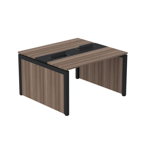 Estação de Trabalho Mesa Plataforma Escritório Dupla para 2 Pessoas com Caixa de Tomada Pé Painel Marrom/Walnut/Preto