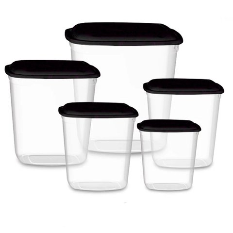 Jogo Kit Conjunto 5 Potes Porta Mantimentos Temperos C/tampa Uninjet Preto