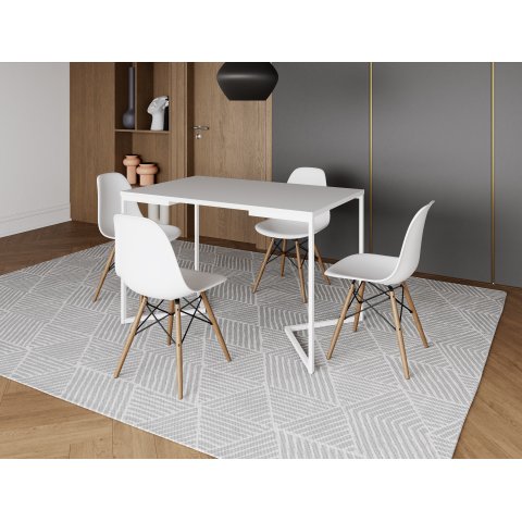 Mesa de Jantar Industrial Base Ferro Branco em  V  Tampo 137x90 Branco 4 Cadeiras Eames Madeira Asse