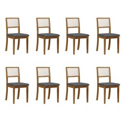 Kit 8 Cadeiras de Jantar Madeira Maciça Mel Encosto Telinha Palha Estofada Linho Cinza Rubi - 2