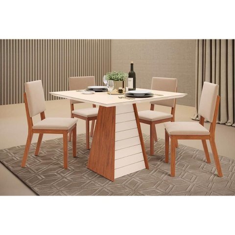 Conjunto: Mesa de Cozinha Fler C/ Tampo Madeirado C/ Vidro 90x90cm e 4 Cadeiras Talia Freijo/off