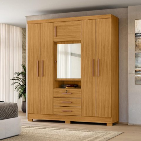 Guarda-Roupa Casal 6 Portas 3 Gavetas com Espelho 100% MDP Grande Organizador Carvalho Americano