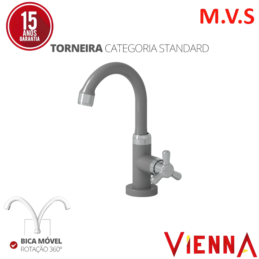 Torneira Lavatório de Mesa Bica Baixa Móvel Linha Vienna 1/2'' Abs Cor Cinza e Cromado Durín - 2