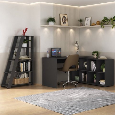 Conjunto 2 Peças com Escrivaninha em L Cubos e Estante Escada Preto