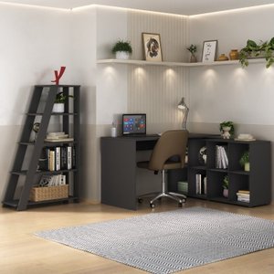 Kit 2 Peças com Escrivaninha em L cubos e Estante Escada