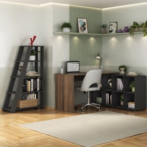 Kit 2 Peças com Escrivaninha em L cubos e Estante Escada