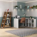 Ver imagem 1 de Conjunto Home Office com Escrivaninha em L com 8 Nichos e Estante Escada Organizadora Branco com Freijó Artany