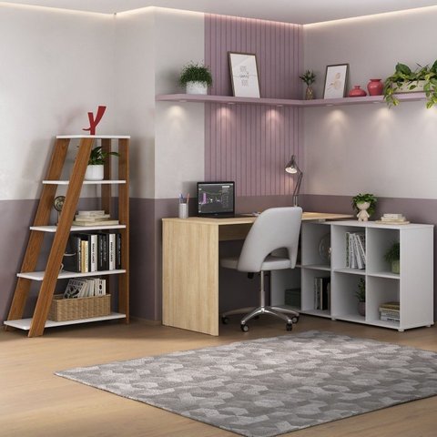Conjunto 2 Peças com Escrivaninha em L cubos e Estante Escada Branco com carvalho e freijó
