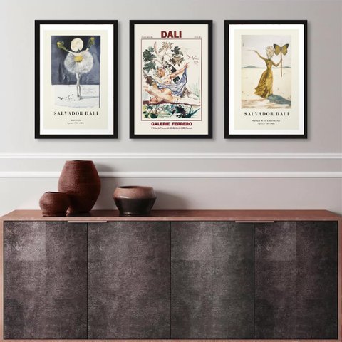 Kit 3 Quadros Posters Salvador Dali 45x34cm - com Vidro:madeira Preta