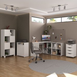 Kit Completo 4 Itens com Escrivaninha em L, Gaveteiro 4 Gavetas, Estante e Armário Multiuso Baixo