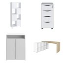 Ver imagem 2 de Conjunto Completo 4 Itens com Escrivaninha em L, Gaveteiro 4 Gavetas, Estante e Armário Multiuso Baixo Branco com Carvalho