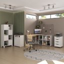 Ver imagem 1 de Conjunto Completo 4 Itens com Escrivaninha em L, Gaveteiro 4 Gavetas, Estante e Armário Multiuso Baixo Branco com Carvalho Artany
