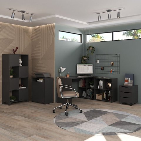 Conjunto 4 Peças com Escrivaninha em L Gaveteiro 3 Gavetas Armário e Balcão Preto