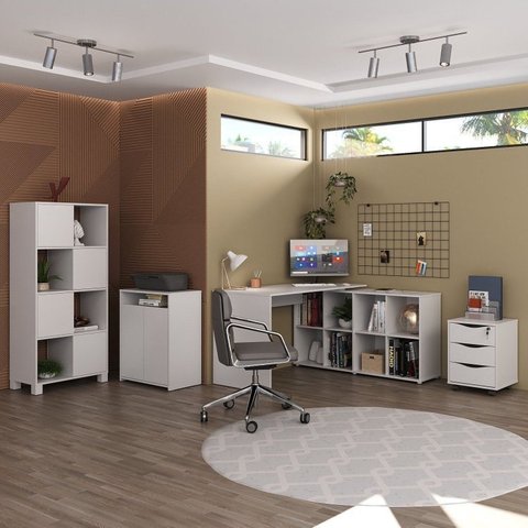 Conjunto Completo 4 Itens com Escrivaninha em L, Gaveteiro, Estante e Armário Multiuso Baixo Branco Artany