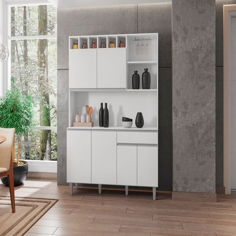 Armário de Cozinha Compacta 130cm 6 Portas 1 Gaveta com Balcão e Aéreo Alice MDP Branco Completa