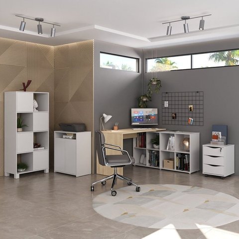 Kit Completo 4 Itens com Escrivaninha em L, Gaveteiro, Estante e Armário Multiuso Baixo