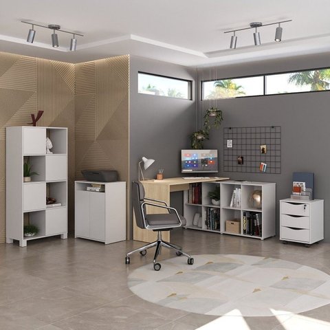 Conjunto Completo 4 Itens com Escrivaninha em L, Gaveteiro, Estante e Armário Multiuso Baixo Branco com Carvalho Artany