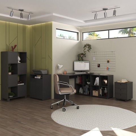 Conjunto Escritório 4 Peças com Escrivaninha em L, Gaveteiro, Estante e Armário Multiuso Baixo Preto
