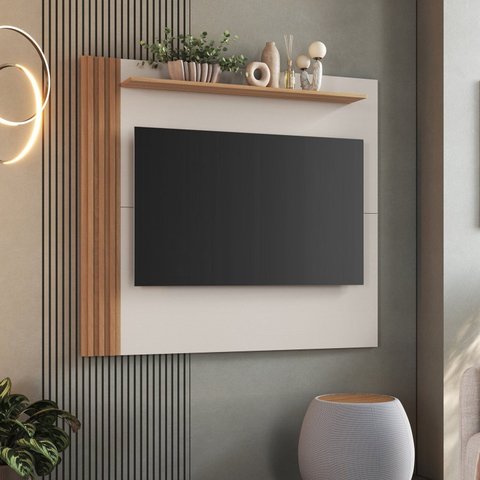 Painel Ripado para TV até 55 Polegadas 136cmx120cm Detalhe Texas Bege Freijó/Off White