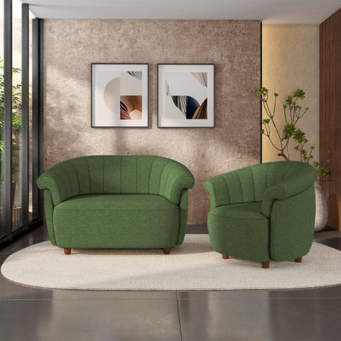 Conjunto Sala de Estar Decorativo Latvia Sofá Namoradeira e Poltrona Pés de Madeira Linho Verde G45 