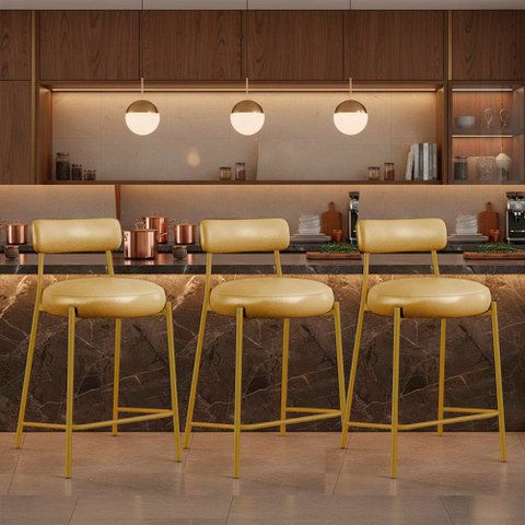 Banqueta Cozinha Alta com Encosto Kit 3 Industrial Dourado Londres PU Facto D03 - D'Rossi