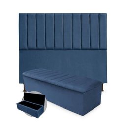 Kit Cabeceira + Calçadeira Baú Cancun Queen Size 160cm Suede:azul Marinho - 1