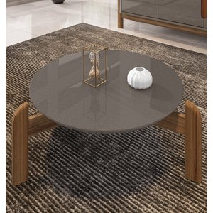 Mesa de Centro Lizz Redonda com Pés em Madeira Maciça Casa Jd Cinza Perolado/cedro