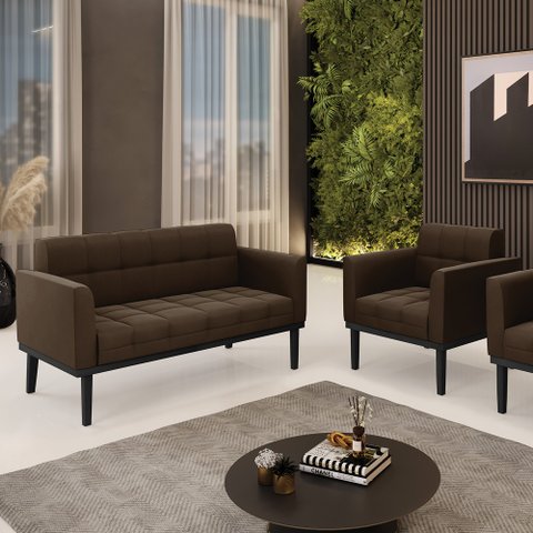 Conjunto Poltrona e Namoradeira Decorativa Karen Pés Fixo em Madeira Preto Suede Marrom 19 - Gran Be