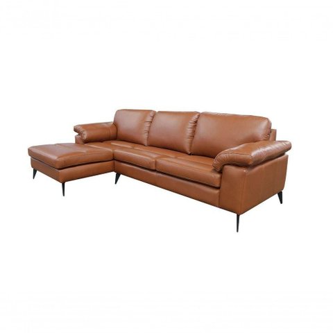 Sofá de Couro Asti 3 Lugares com Chaise Esquerda Conhaque com Brilho - Mempra Design
