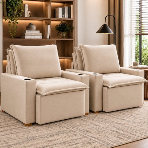 Kit 2 Poltronas Retrátil e Reclinável do Papai com Porta Copos e Base Madeira Maciça Siena