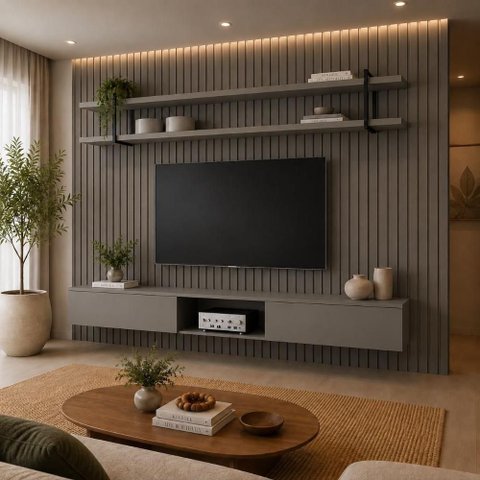 Painel para TV Ripado 240cm 100% MDF com Nicho Grigio com Preto Casa Lar Shop